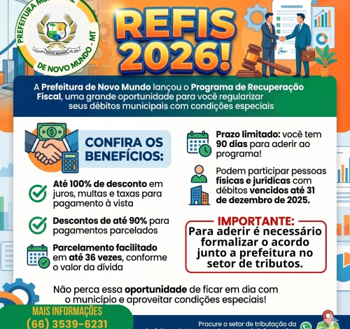 REFIS 2026 é lançado em Novo Mundo e oferece até 100% de desconto em juros e multas