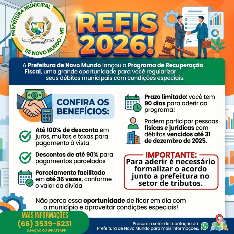 REFIS 2026 é lançado em Novo Mundo e oferece até 100% de desconto em juros e multas