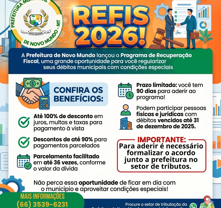 REFIS 2026 é lançado em Novo Mundo e oferece até 100% de desconto em juros e multas