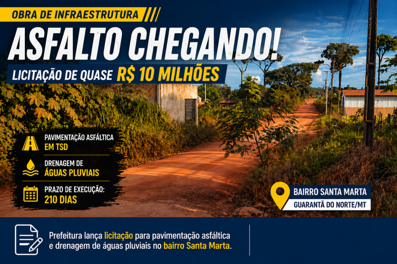 Prefeitura de Guarantã do Norte abre licitação de quase R$ 10 milhões para asfalto no bairro Santa Marta