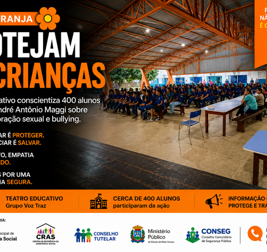 Maio Laranja mobiliza escolas de Novo Mundo com teatro educativo sobre abuso infantil e bullying