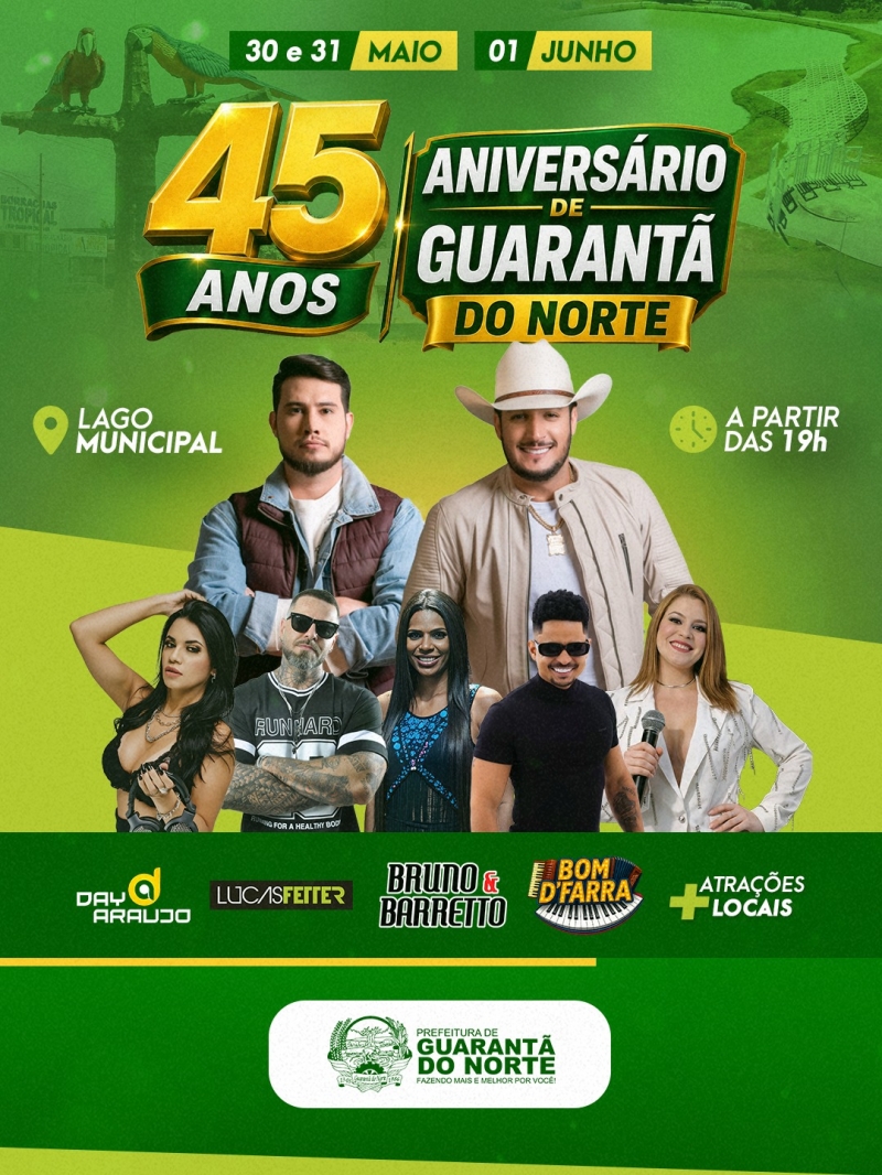 Guarantã do Norte prepara grande festa pelos 45 anos com shows nacionais, cavalgada e noite gospel