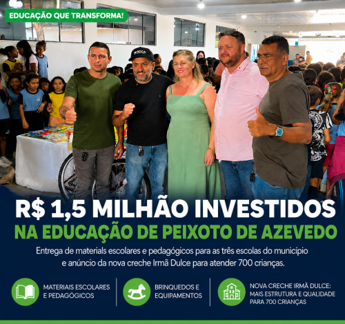 Peixoto de Azevedo investe R$ 1,5 milhão em materiais pedagógicos e anuncia nova creche para atender 700 crianças