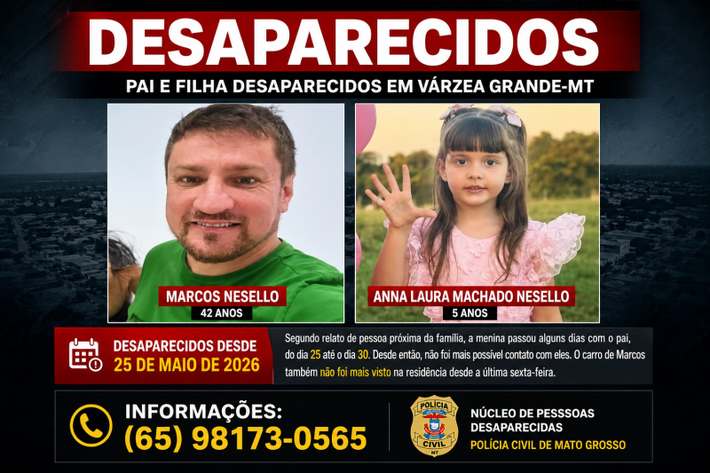 Pai e filha de 5 anos são procurados após desaparecerem em Várzea Grande