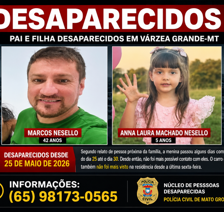 Pai e filha de 5 anos são procurados após desaparecerem em Várzea Grande