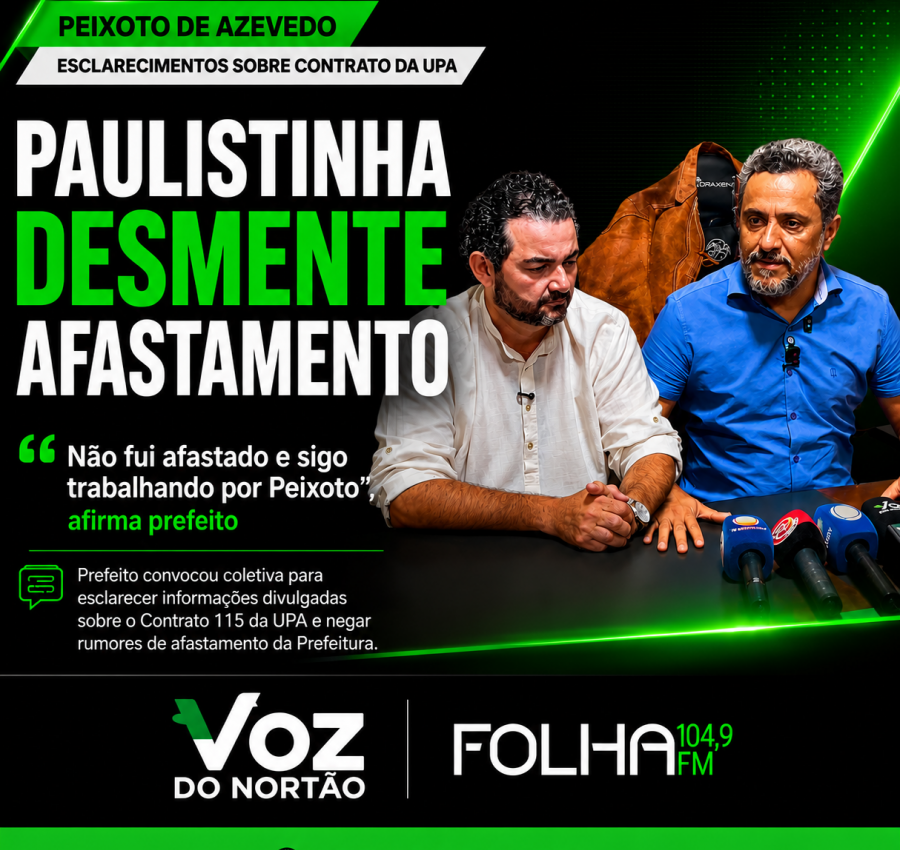 Paulistinha nega afastamento e rebate críticas durante coletiva sobre contrato 115/2025 em Peixoto de Azevedo