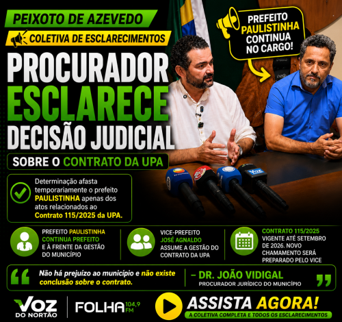 Segundo Dr. João Vidigal, determinação judicial afasta temporariamente Paulistinha apenas dos atos relacionados ao Contrato 115/2025.