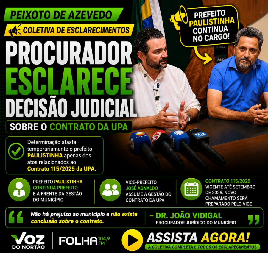 Segundo Dr. João Vidigal, determinação judicial afasta temporariamente Paulistinha apenas dos atos relacionados ao Contrato 115/2025.