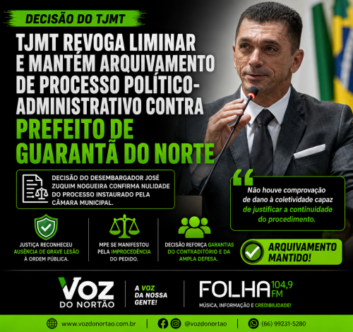 TJMT revoga liminar e mantém arquivamento de processo político-administrativo contra prefeito de Guarantã do Norte